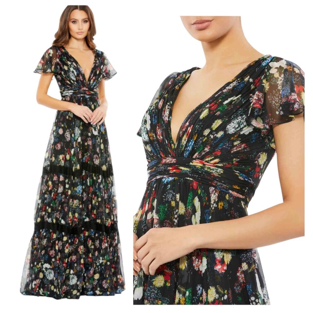 Mac Duggal Floral Chiffon 67934 Black Maxi Dress A Line Flutter Sleeve Gown 2